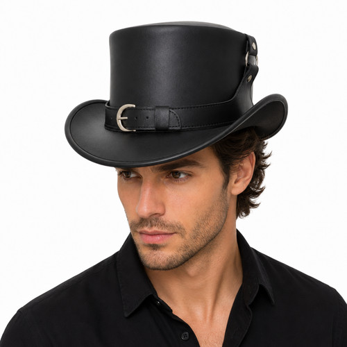 Men black leather top - men's, hat